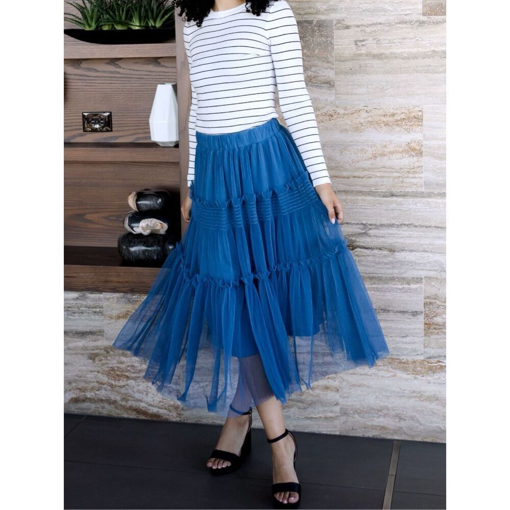 Annie Wear Royal Blue Tulle Tiered Midi Skirt Mesh Balletcore Princess Flowy NWT - Picture 10 of 16